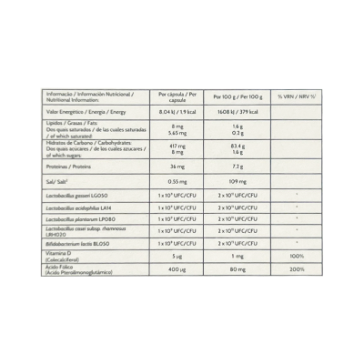 Tabela nutricional de suplemento alimentar com valores por cápsula e por 100g, lista de bactérias probióticas e vitaminas.