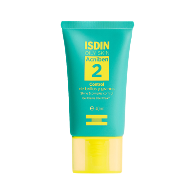 Tubo de gel creme ISDIN Acniben 2 para pele oleosa azul esverdeado com tampa amarela.