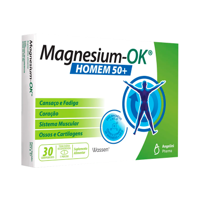 Embalagem de suplemento alimentar Magnesium-OK Homem 50+ com indicações para saúde e 30 comprimidos