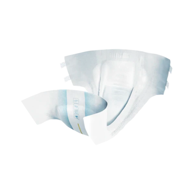 Dois pensos absorventes brancos com fechos laterais e padrão azul