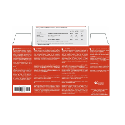Embalagem do suplemento alimentar BIO-RITMO com texto em várias línguas e fundo laranja e branco