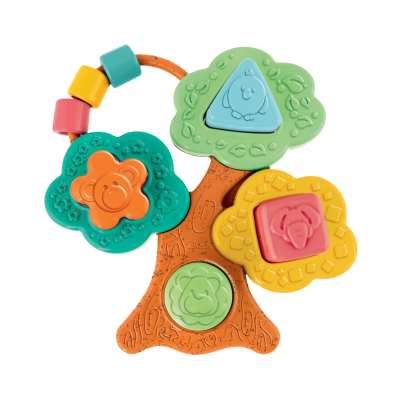 Brinquedo infantil colorido em forma de árvore com formas geométricas de animais