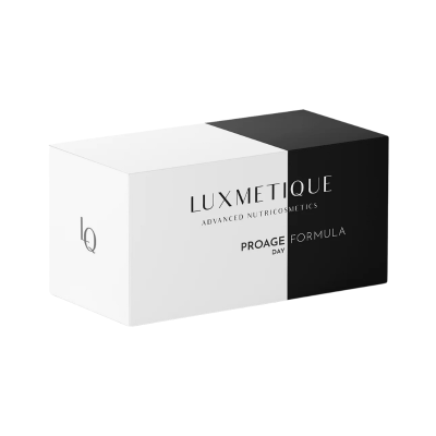 Caixa de produto Luxmetique em preto e branco com texto e logótipo LQ