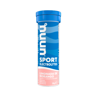 Frasco azul e rosa de pastilhas efervescentes Nunú Sport Electrolytes limonada de morango