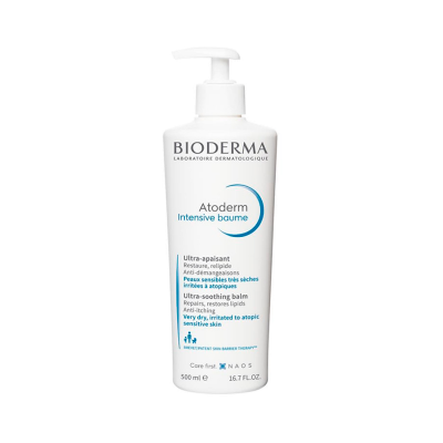 Frasco de Bioderma Atoderm Intensive baume de 500 ml branco com texto azul e preto.