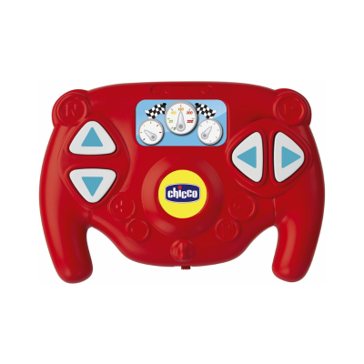 Comando de brinquedo vermelho com botões e mostrador de velocímetro.