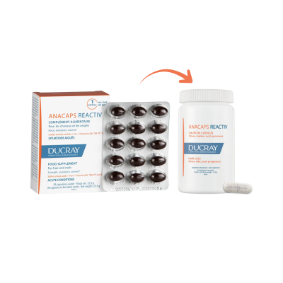Suplemento alimentar Anacaps Reactiv Ducray com cápsulas castanhas e embalagem branca e azul
