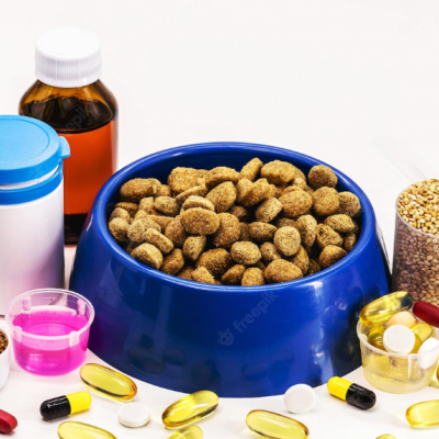 Taça azul com ração para animais, comprimidos, cápsulas e frascos farmacêuticos em volta