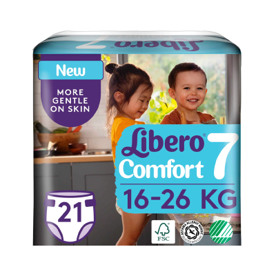 Pacote de fraldas Libero Comfort 7 para crianças de 16 a 26 kg com 21 unidades