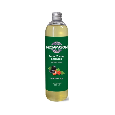 Frasco de shampoo MEGAMAZON Forest Energy com rótulo verde e frutos de guaraná e açaí