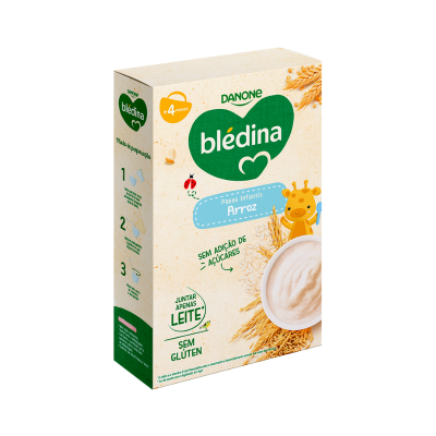 Embalagem de papa infantil Danone blédina arroz com girafa e tigela de papa