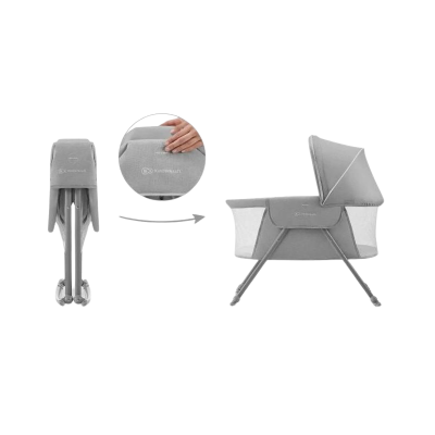 Berço cinzento dobrável para bebé com laterais em rede e capota ajustável