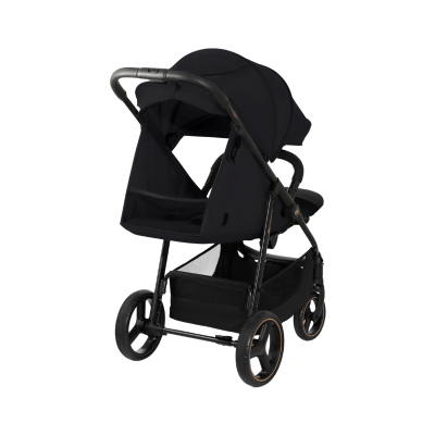 Carrinho de bebé preto com capota e rodas grandes