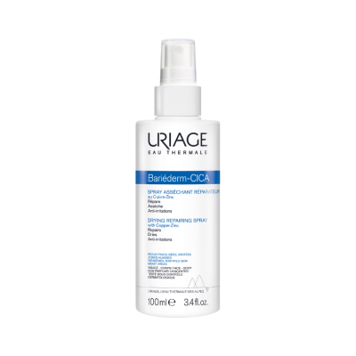 Frasco branco de spray Uriag Bariéderm-CICA com rótulo azul e texto em francês e inglês