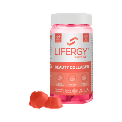 frasco de LIFERGY Gummies Beauty Collagen com gomas vermelhas em formato de coração