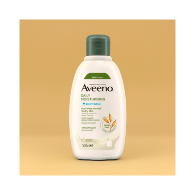 Frasco branco com tampa verde de gel de banho Aveeno Daily Moisturising Body Wash