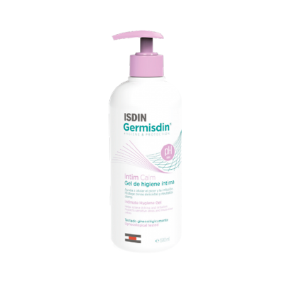 Frasco branco com doseador rosa de gel de higiene íntima ISDIN Germisdin