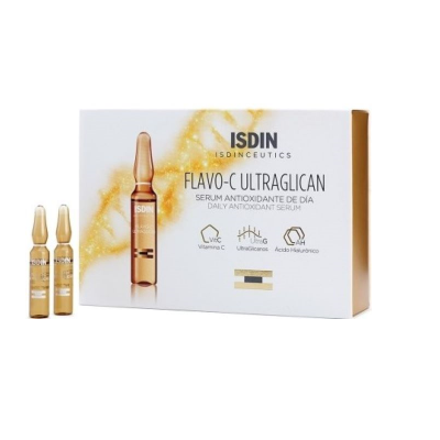 Caixa branca e dourada com ampolas de sérum antioxidante e texto ISDIN FLAVO-C ULTRAGLICAN