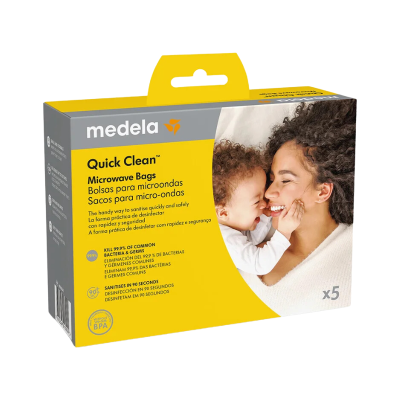 Embalaem de sacos para micro-ondas Quick Clean Medela com imagem de mulher e criança
