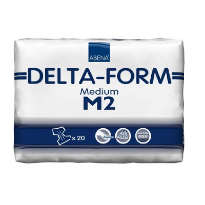 Pacote branco e azul de papel higiénico Abena DELTA-FORM Medium M2 com 20 unidades.