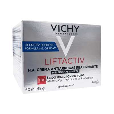 Caixa prateada do creme anti-rugas Vichy Liftactiv Supreme com texto em castelhano