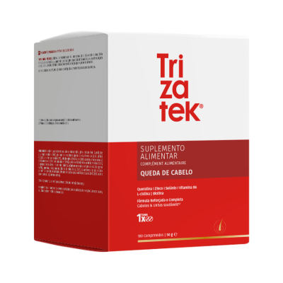 Caixa branca e vermelha de suplemento alimentar Trizatec para queda de cabelo