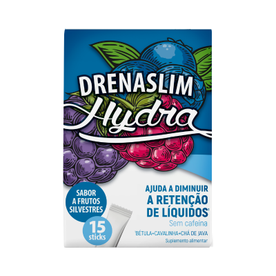 Embalagem de suplemento Drenaslim Hydro sabor frutos silvestres com 15 sticks