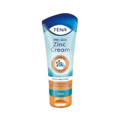 Tubo de creme TENA Proskin Zinc Cream, azul claro e laranja, 100ml