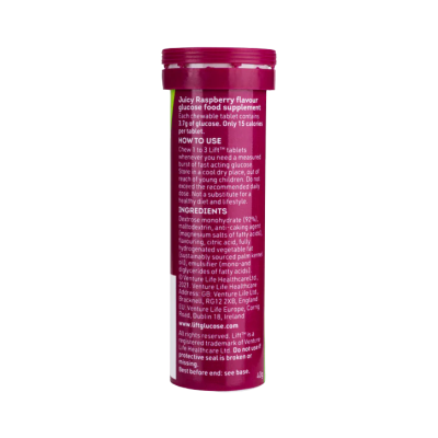 Frasco rosa com tampa com texto em inglês de suplemento alimentar sabor framboesa