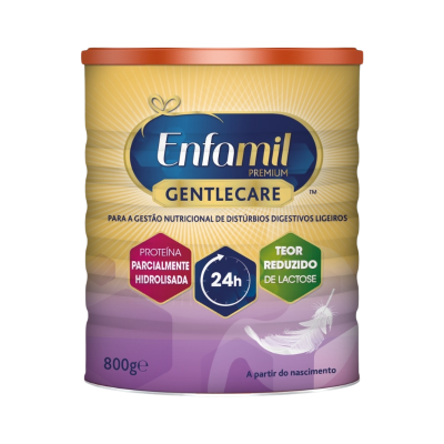 Lata de fórmula infantil Enfamil Gentlecare de 800g com cores amarelo e roxo e tampa laranja