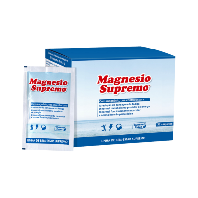 Embalagem e saqueta de suplemento Magnesio Supremo azul e branca