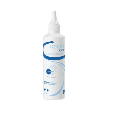 Frasco branco de plástico de produto Douxo Care Lotion Auriculaire com tampa branca e texto azul