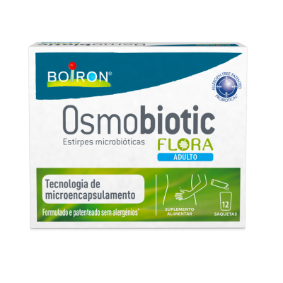 Embalagem de suplemento alimentar Osmobiotic Flora adulto com 12 saquetas