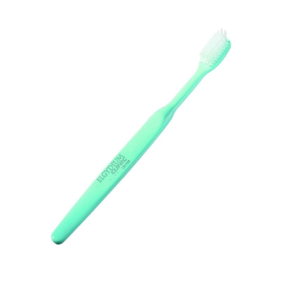Escova de dentes verde água com cerdas brancas e texto ELGYDIUM CLINIC no cabo
