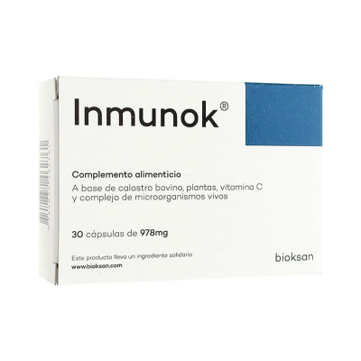 Caixa de suplemento alimentar Inmunok, branca com azul, 30 cápsulas 978 mg