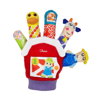 Luva de tecido colorida para bebé com personagens nos dedos e a marca Chicco