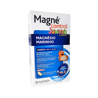 Embalagem de suplemento alimentar Magné Control Junior & Adulto com detalhes em azul e texto informativo