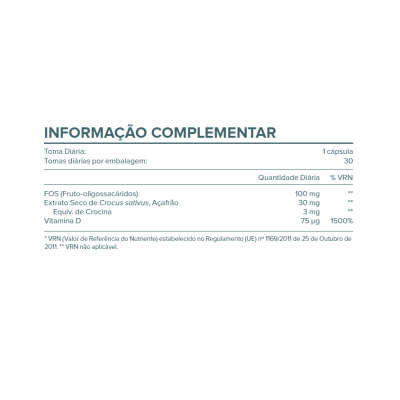 Tabela informação nutricional de suplemento com FOS, extrato de Crocus sativus, crocina e vitamina D.