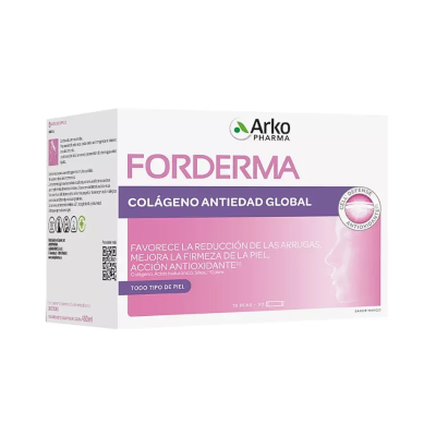 Embalagem do suplemento FORDERMA Colágeno Antiedad Global da Arko Pharma em branco e rosa