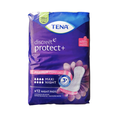 Pacote de absorventes TENA discreet protect+ azul escuro com rosa, 12 unidades
