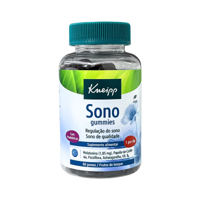 Frasco de suplemento alimentar Sono gummies Kneipp com rotulo branco e tampa verde.