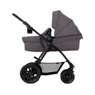 Carrinho de bebé cinzento com estrutura preta e rodas