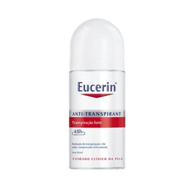 Roll-on Eucerin anti-transpirante com texto em embalagem branca e vermelha