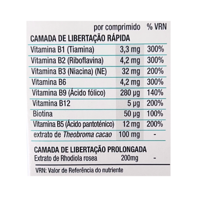 Rótulo com tabela de vitaminas e extratos em português