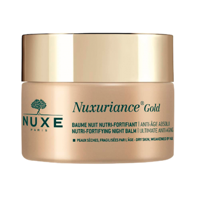 Frasco de creme facial Nuxe Nuxuriance Gold com tampa dourada.