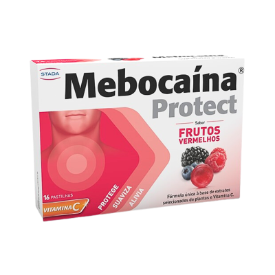 Embalagem de pastilhas Mebocaína Protect frutos vermelhos com indicação de vitamina C