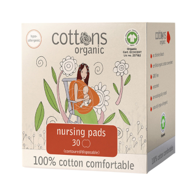 Embalagem de discos absorventes para amamentação Cottons Organic com ilustração de mãe a amamentar e flores