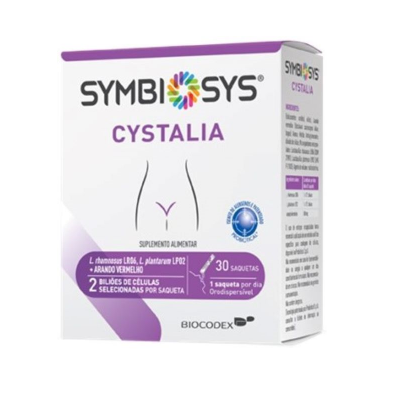 Embalagem branca e roxa do suplemento alimentar SYMBIOSYS CYSTALIA com selo azul