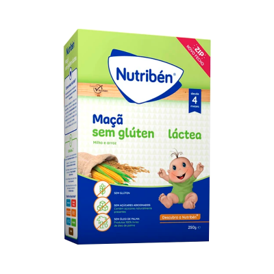 Embalagem de papinha infantil Nutriben maçã sem glúten láctea 250g