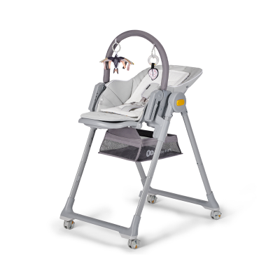cadeira alta para bebé cinzenta com assento branco e barra de brinquedos
